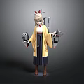 Anime Female Character Wearing Yellow Kimono Holding Mechanical Devices On Gray Background