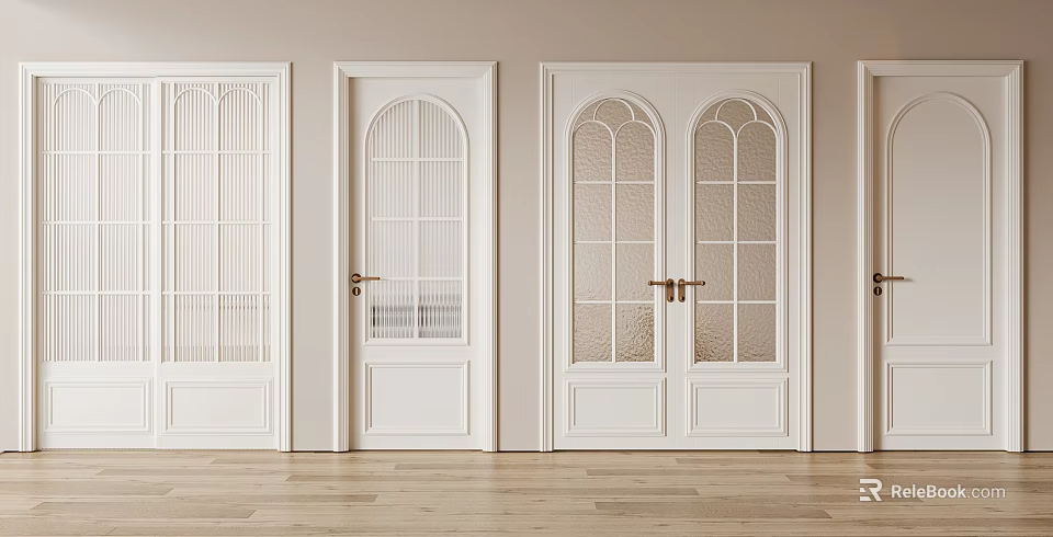 White Hinged Doors With Various Glass Panel Designs For Home Interior Wooden Flooring 3d model 