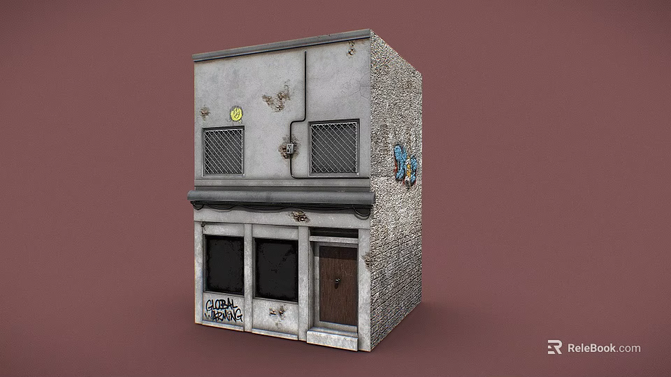 Cartoon Scene With Small Gray Building Graffiti LOVE Butterfly Iron Grid Windows And Brown Door 3d model 