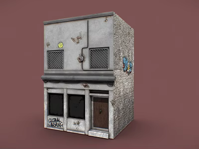 Cartoon Scene With Small Gray Building Graffiti LOVE Butterfly Iron Grid Windows And Brown Door 3d model