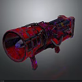 Red Mechanical Weapon with Horn Shaped Front Metal Chains and Stand Base