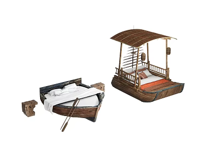 Boat Shaped Children's Bed With Canopy Wooden Frame And Decorative Lanterns 3d model
