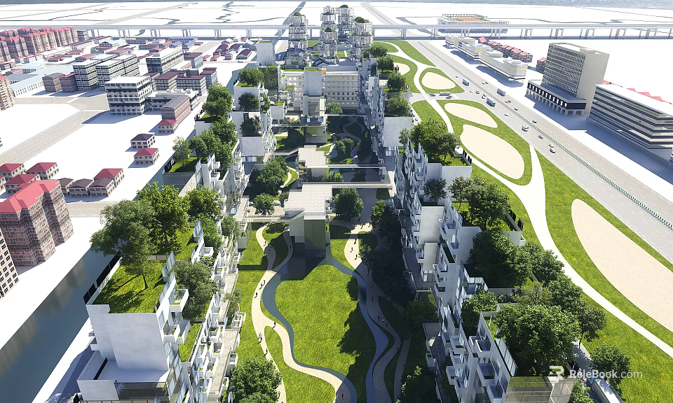 Aerial View Of Modern Residential Buildings With Green Lawns Trees And Winding Paths 3d model 