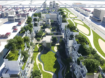 Aerial View Of Modern Residential Buildings With Green Lawns Trees And Winding Paths 3d model