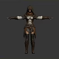 Woman in Hooded Brown and White Outfit With Leather Armor Leggings and Boots Arms Outstretched