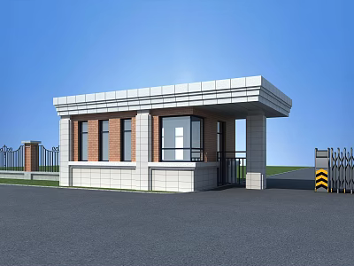 Modern Entrance Gate Featuring Brick Gatehouse With Windows Roof And Metal Fence 3d model