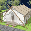Canvas Camping Tent with Wooden Frame Among Trees Under Starry Sky on Grass Field