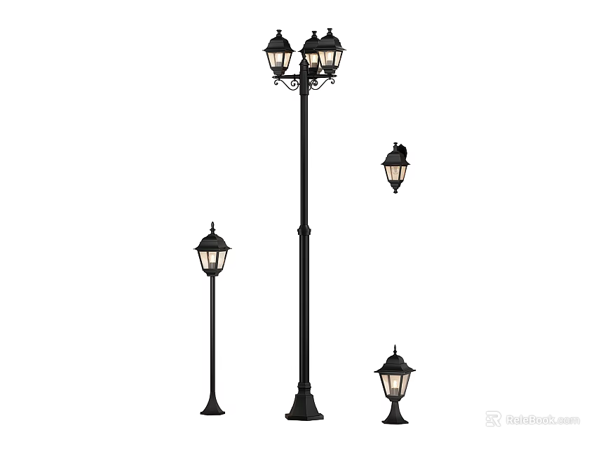 Outdoor Lights Various Vintage Style Lamp Posts in Different Sizes with Decorative Shades 3d model 