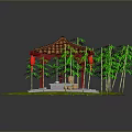 Chinese Style Pavilion With Red Tiled Roof Red Pillars And Bamboo Plants On Grass
