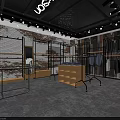 Modern Industrial Clothing Store Interior With Metal Racks Brick Walls And Wooden Counter