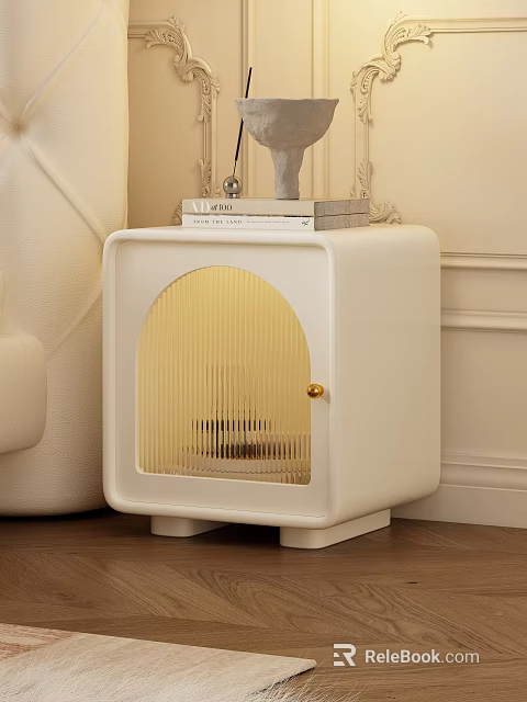 Modern White Bedside Table With Arched Ribbed Door Gold Handle And Books Decorative Item 3d model 