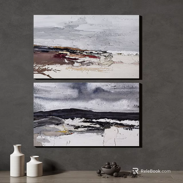 Two Abstract Paintings On Gray Wall With White Vases In Home Interior 3d model 