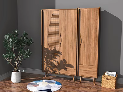 Modern Wooden Wardrobe with Vertical Slat Design in Living Room with Potted Plant and Rug 3d model