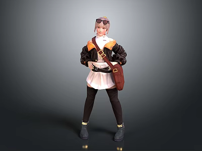 Game Movie Character Design Featuring Brown Hair Jacket Skirt Brown Bag And Goggles Standing Pose 3d model