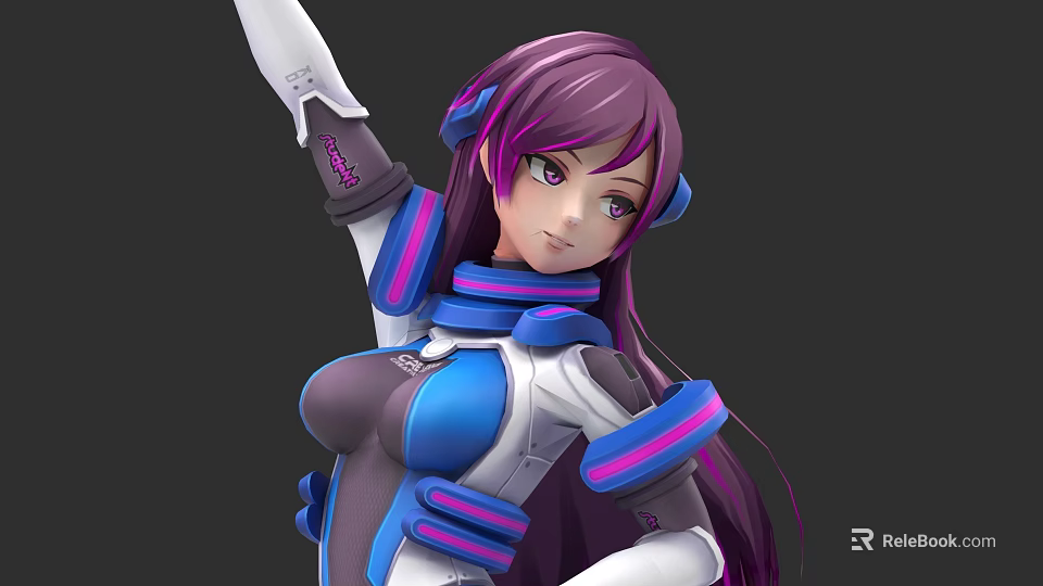 Futuristic Sci Fi Game Character With Purple Long Hair And Blue White Outfit 3d model 