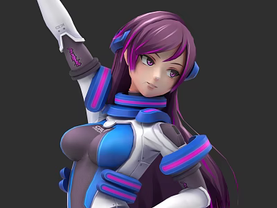 Futuristic Sci Fi Game Character With Purple Long Hair And Blue White Outfit 3d model