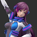 Futuristic Sci Fi Game Character With Purple Long Hair And Blue White Outfit