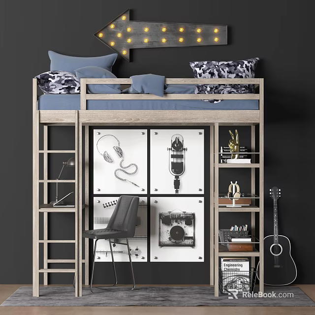 Modern Bunk Bed In Stylish Bedroom With Decor 3d model 