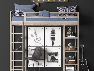 Modern Bunk Bed In Stylish Bedroom With Decor 3d model