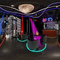 Modern Stylish Bar Interior With Neon Lights Circular Decor Moon Chandelier And Colorful Seating