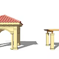 Outdoor Pavilion Structures With Red Tile Arched Roof And Wooden Columns