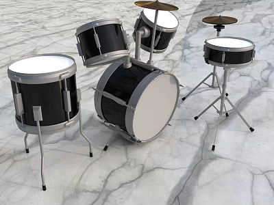 Classic Musical Instrument Drum Kit With Drums Cymbals And Metal Stands On Marble Floor 3d model