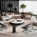 Modern Curved Sofa Round Coffee Table Set With Gray Chairs Floor Lamp Window Plant
