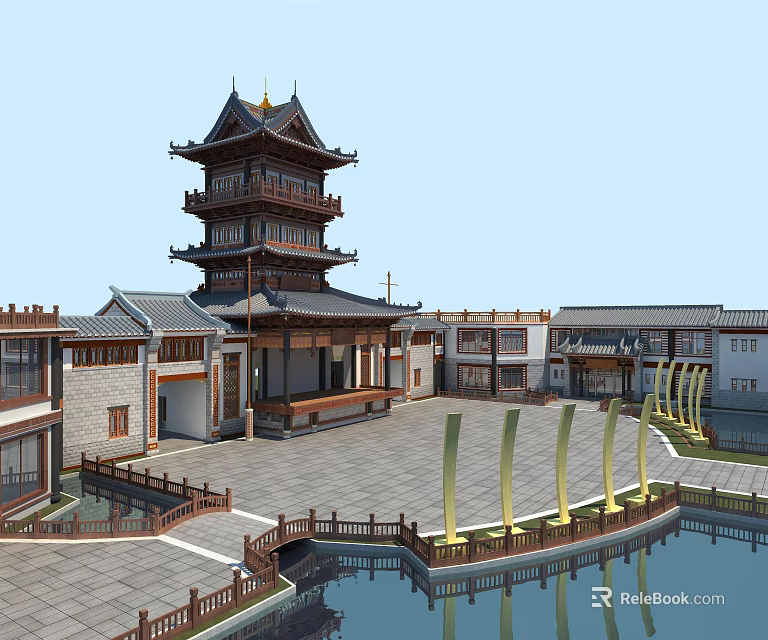 Traditional Ancient Architecture With Multi Story Tower Curved Eaves Courtyard And Water Feature 3d model 