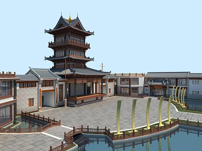 Traditional Ancient Architecture With Multi Story Tower Curved Eaves Courtyard And Water Feature 3d model