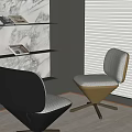 Modern Accent Chair with Black and Beige Upholstery Marble Wall Shelf and Window Blinds