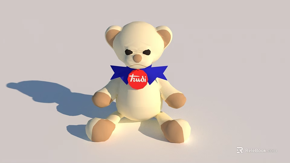 Cute White Teddy Bear Doll With Blue Bow Tie And Red Chest Label 3d model 