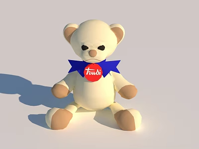 Cute White Teddy Bear Doll With Blue Bow Tie And Red Chest Label 3d model