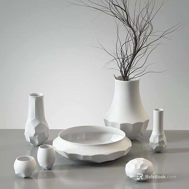 Collection of White Ceramic Vases with Dried Branches and Decorative Bowl for Modern Home 3d model 