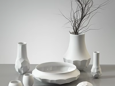 Collection of White Ceramic Vases with Dried Branches and Decorative Bowl for Modern Home 3d model