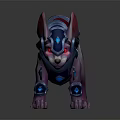 Fantasy Armored Creature With Purple Body Spiked Ears Blue Glowing Accents And Red Saddle