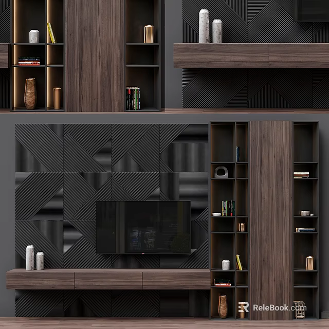 Modern TV Background Wall With Dark Geometric Panels Wooden Shelves And Decorative Items 3d model 