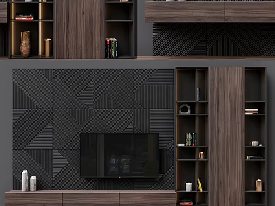 Modern TV Background Wall With Dark Geometric Panels Wooden Shelves And Decorative Items 3d model