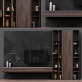 Modern TV Background Wall With Dark Geometric Panels Wooden Shelves And Decorative Items