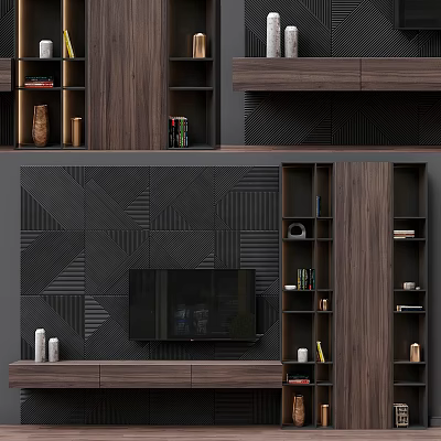 Modern TV Background Wall With Dark Geometric Panels Wooden Shelves And Decorative Items 3d model