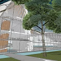 Modern Sales Office Building With Curved Roof Large Glass Curtain Walls And Trees