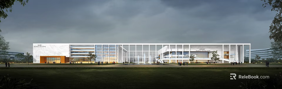 Modern School Building With Glass Facade White Frame And Front Lawn Area 3d model 