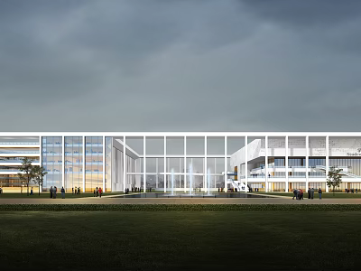 Modern School Building With Glass Facade White Frame And Front Lawn Area 3d model