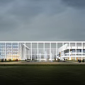 Modern School Building With Glass Facade White Frame And Front Lawn Area