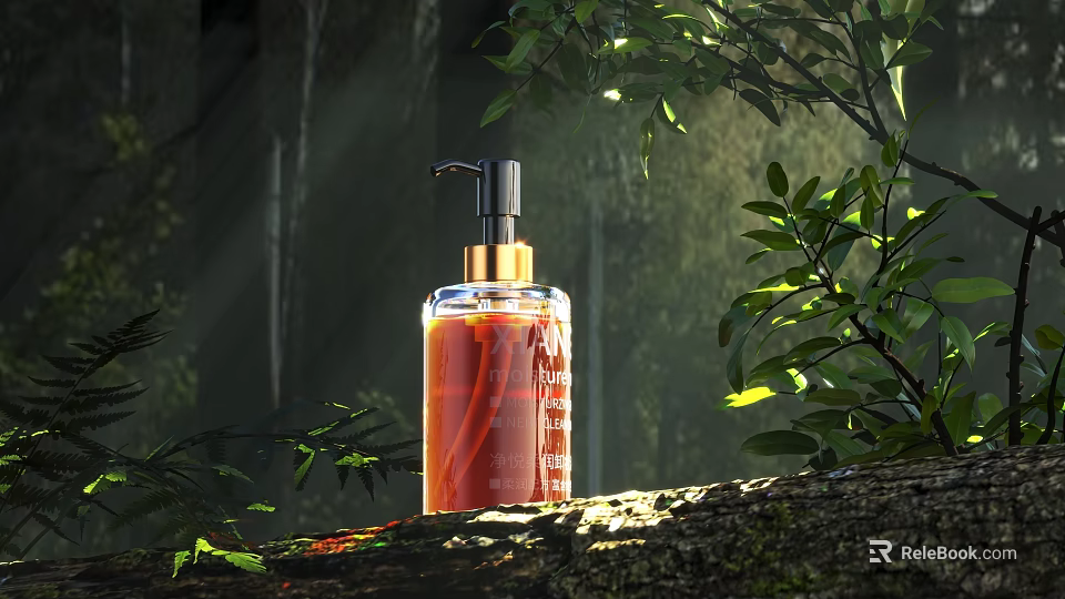 Natural Skincare Red Liquid In Transparent Pump Bottle With Green Plants 3d model 