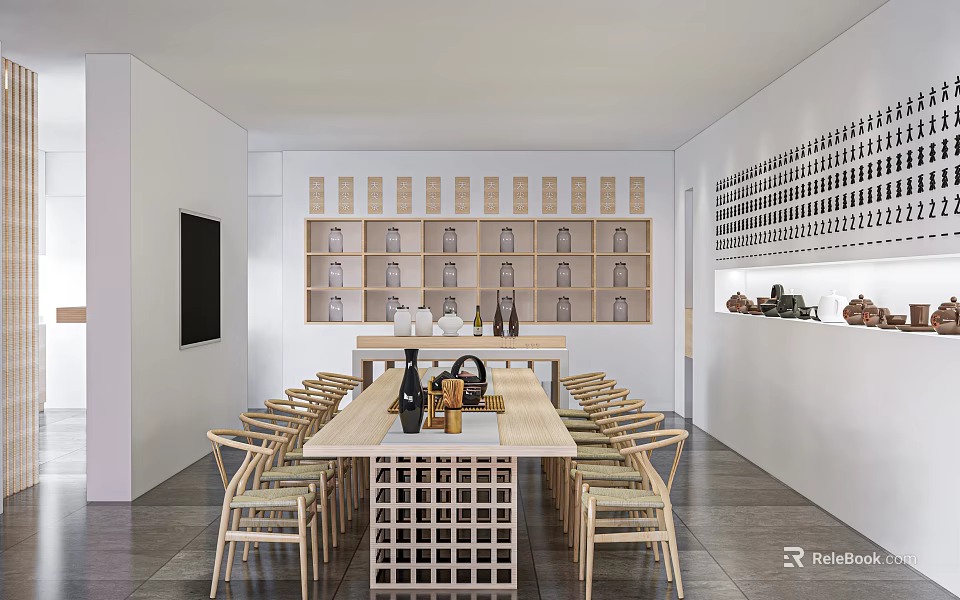 Exhibition Hall Interior Featuring Long Wooden Table Wooden Chairs And Wall Shelves With Displayed Pottery 3d model 