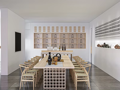 Exhibition Hall Interior Featuring Long Wooden Table Wooden Chairs And Wall Shelves With Displayed Pottery 3d model