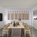 Exhibition Hall Interior Featuring Long Wooden Table Wooden Chairs And Wall Shelves With Displayed Pottery