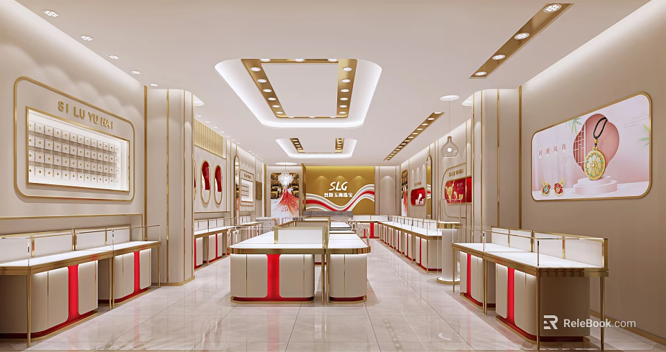 Elegant Jewelry Store Interior Design Featuring Bright Lighting And Red White Display Counters 3d model