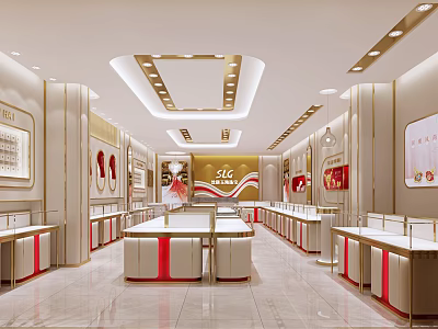Elegant Jewelry Store Interior Design Featuring Bright Lighting And Red White Display Counters 3d model