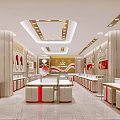 Elegant Jewelry Store Interior Design Featuring Bright Lighting And Red White Display Counters 3d model